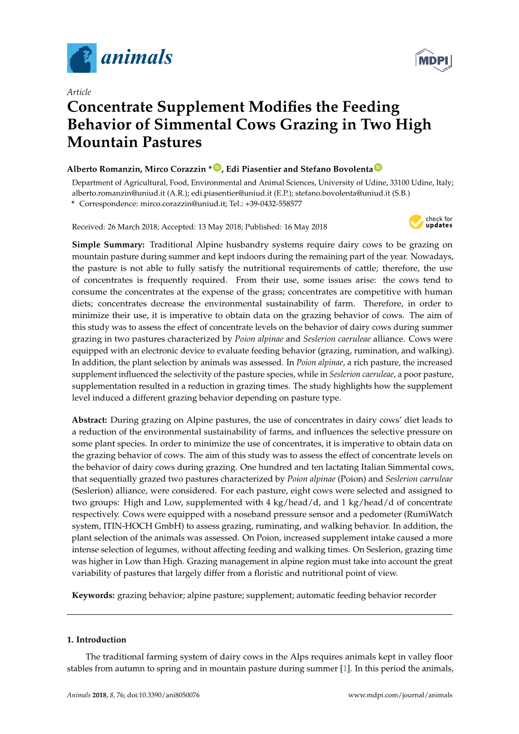 Concentrate Supplement Modifies the Feeding Behavior of Simmental