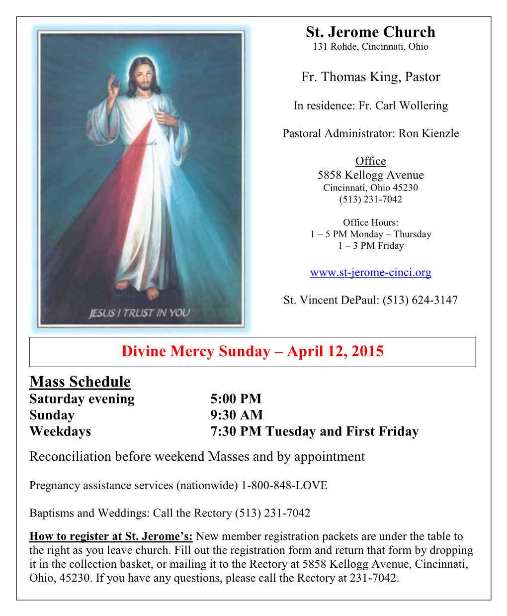 St. Jerome Church Mass Schedule Divine Mercy Sunday – April 12