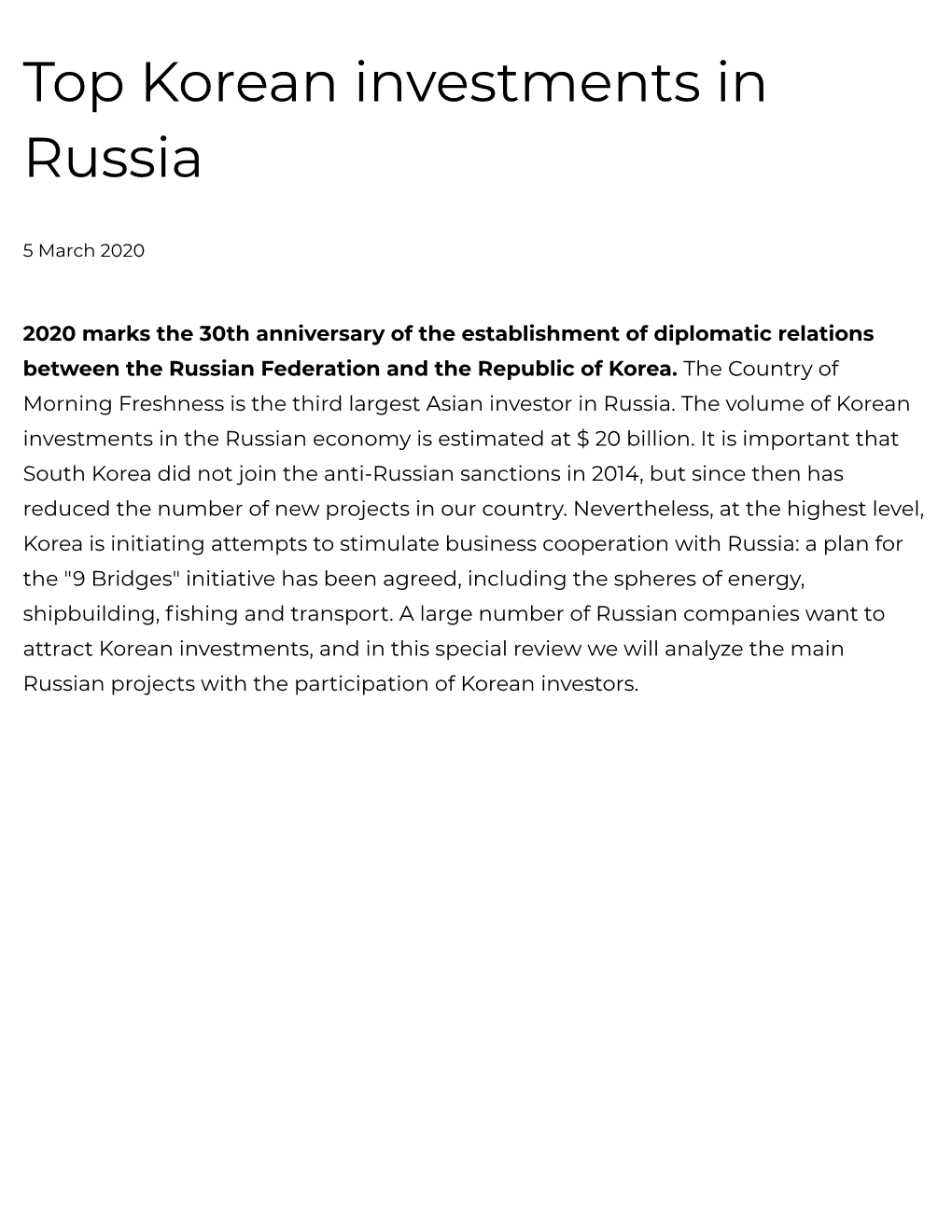Top Korean Investments in Russia