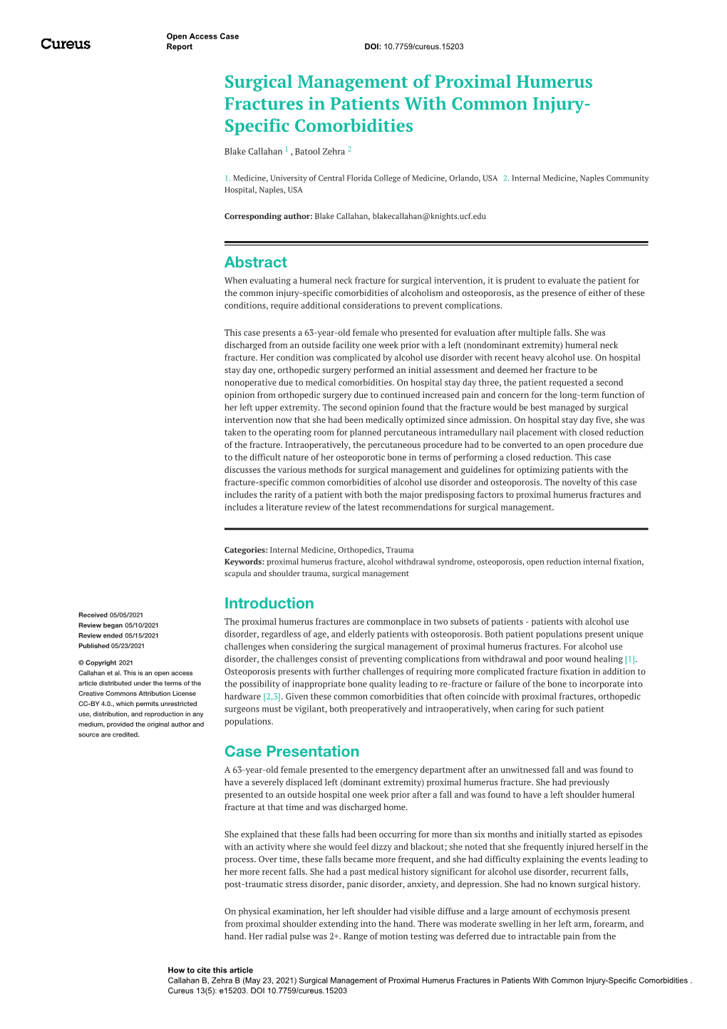 Surgical Management of Proximal Humerus Fractures in Patients with Common Injury- Specific Comorbidities