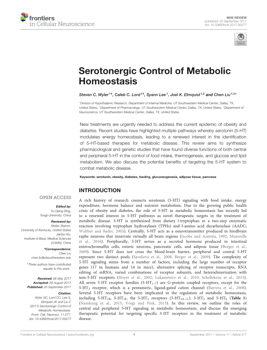 Serotonergic Control of Metabolic Homeostasis