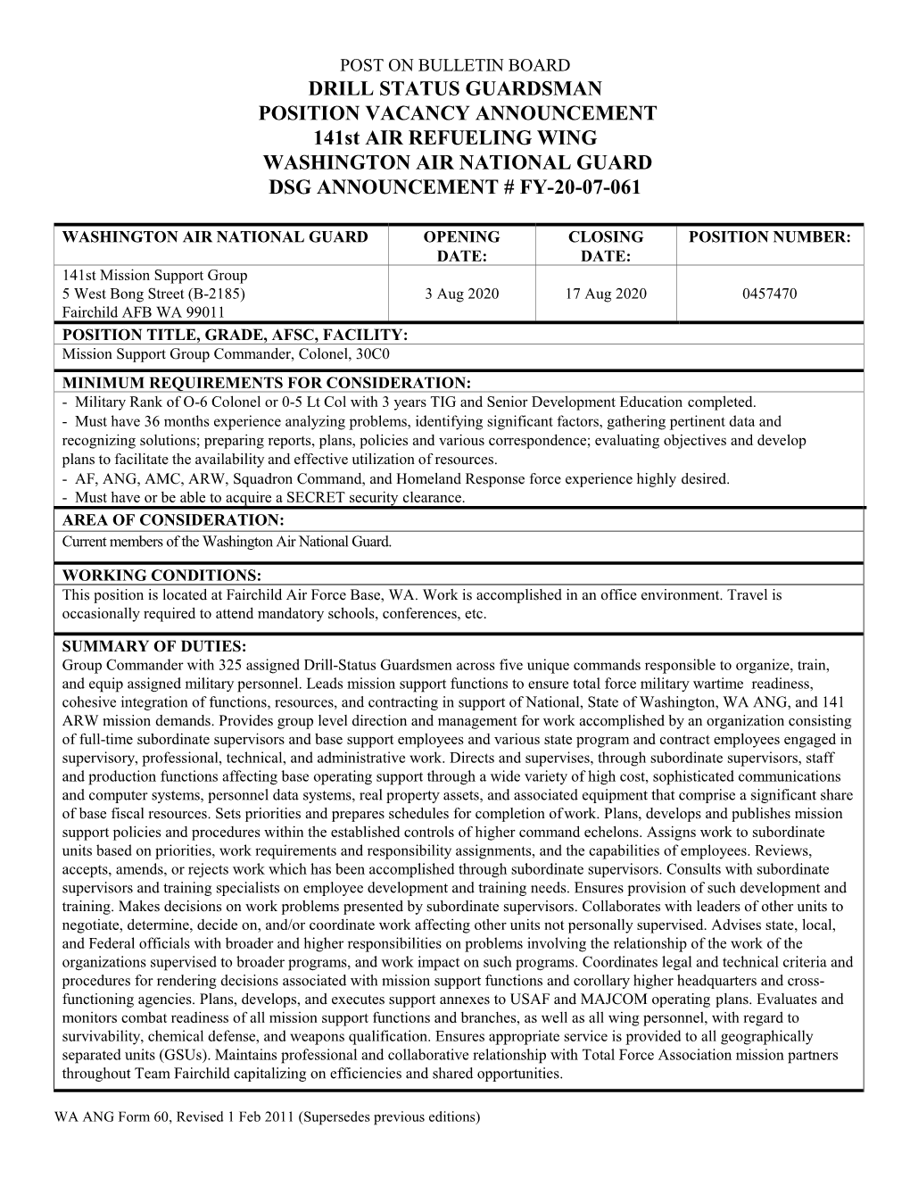 DRILL STATUS GUARDSMAN POSITION VACANCY ANNOUNCEMENT 141St AIR REFUELING WING WASHINGTON AIR NATIONAL GUARD DSG ANNOUNCEMENT # FY-20-07-061