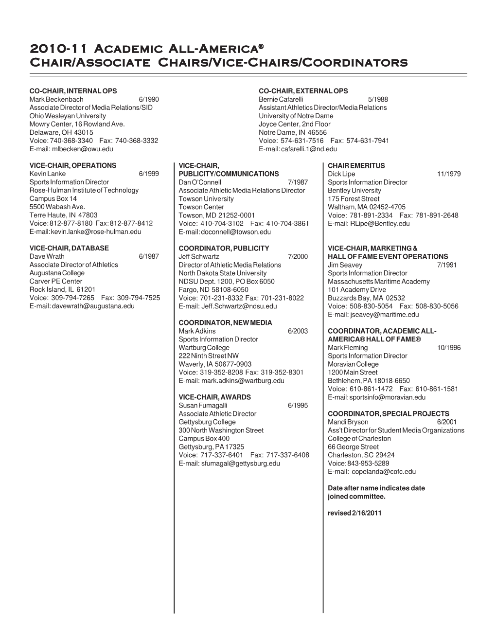 2010-11 Academic All-America Chair/Associate Chairs