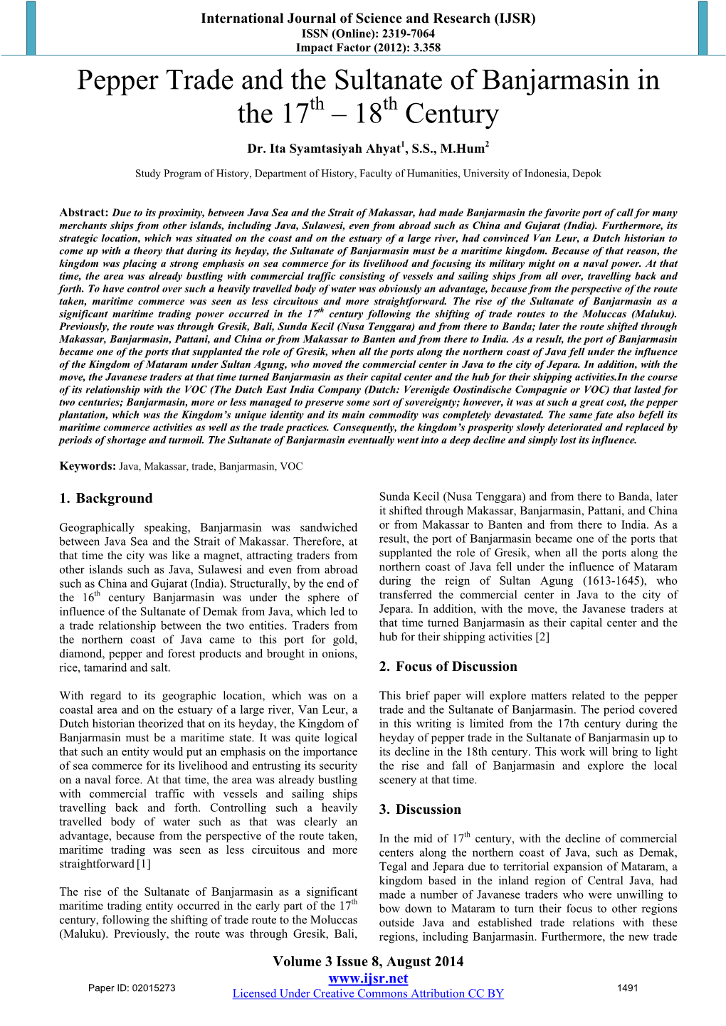 Pepper Trade and the Sultanate of Banjarmasin in the 17Th – 18Th Century