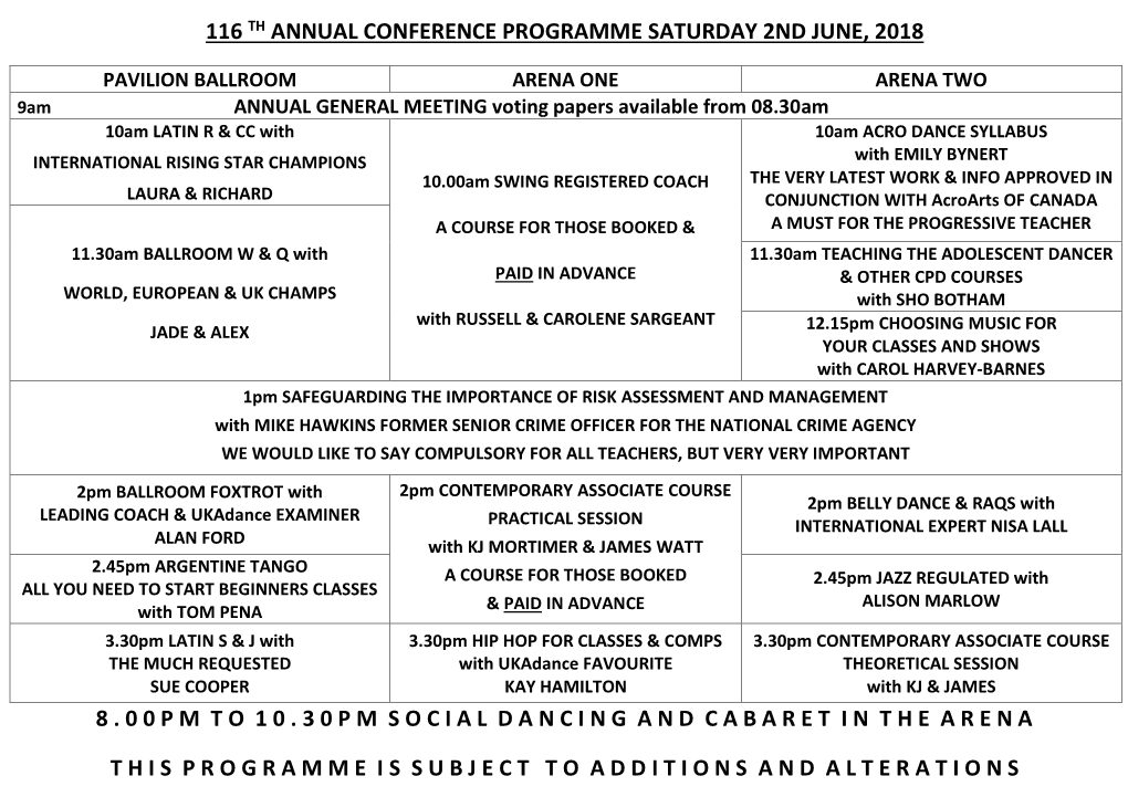 116 Th Annual Conference Programme Saturday 2Nd June, 2018