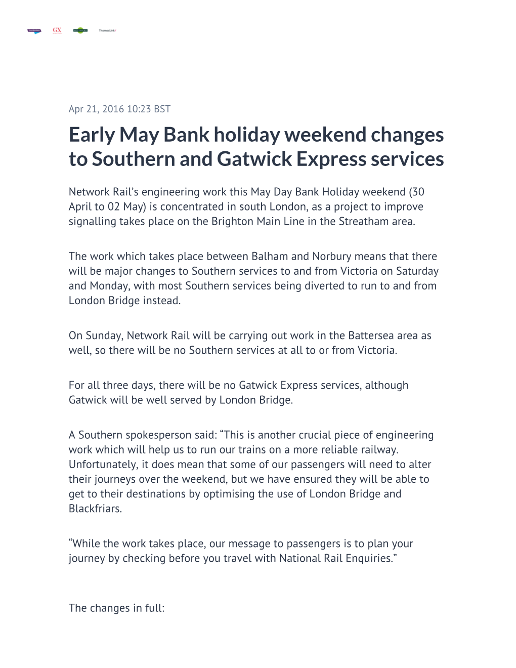 Early May Bank Holiday Weekend Changes to Southern and Gatwick Express Services