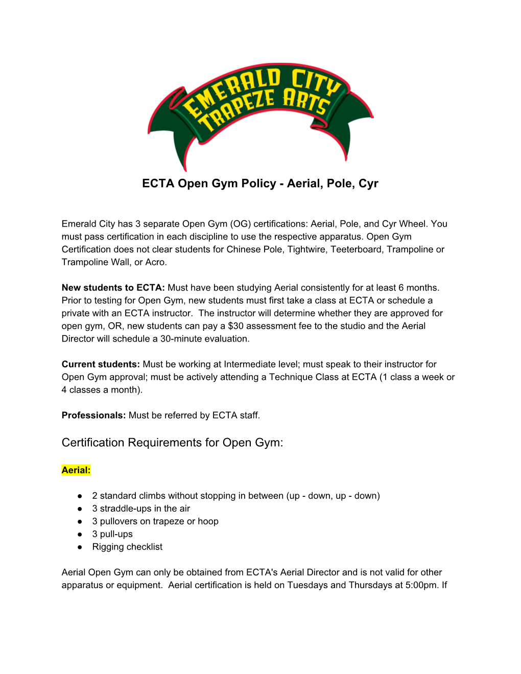 ECTA Open Gym Policy - Aerial, Pole, Cyr