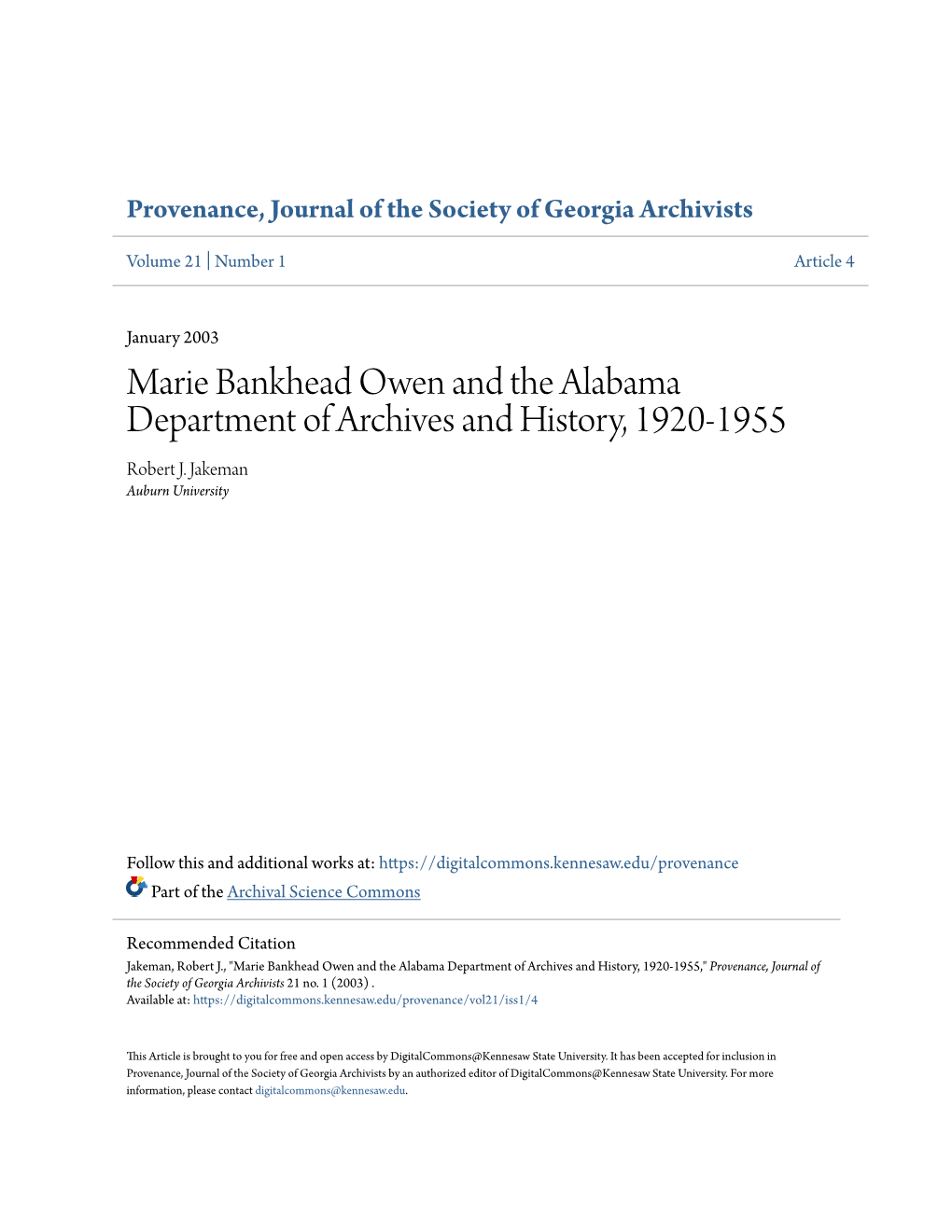 Marie Bankhead Owen and the Alabama Department of Archives and History, 1920-1955 Robert J