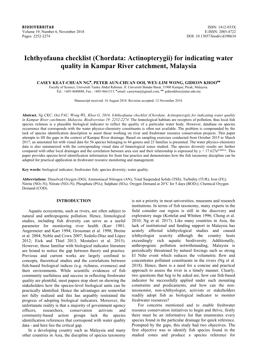 For Indicating Water Quality in Kampar River Catchment, Malaysia