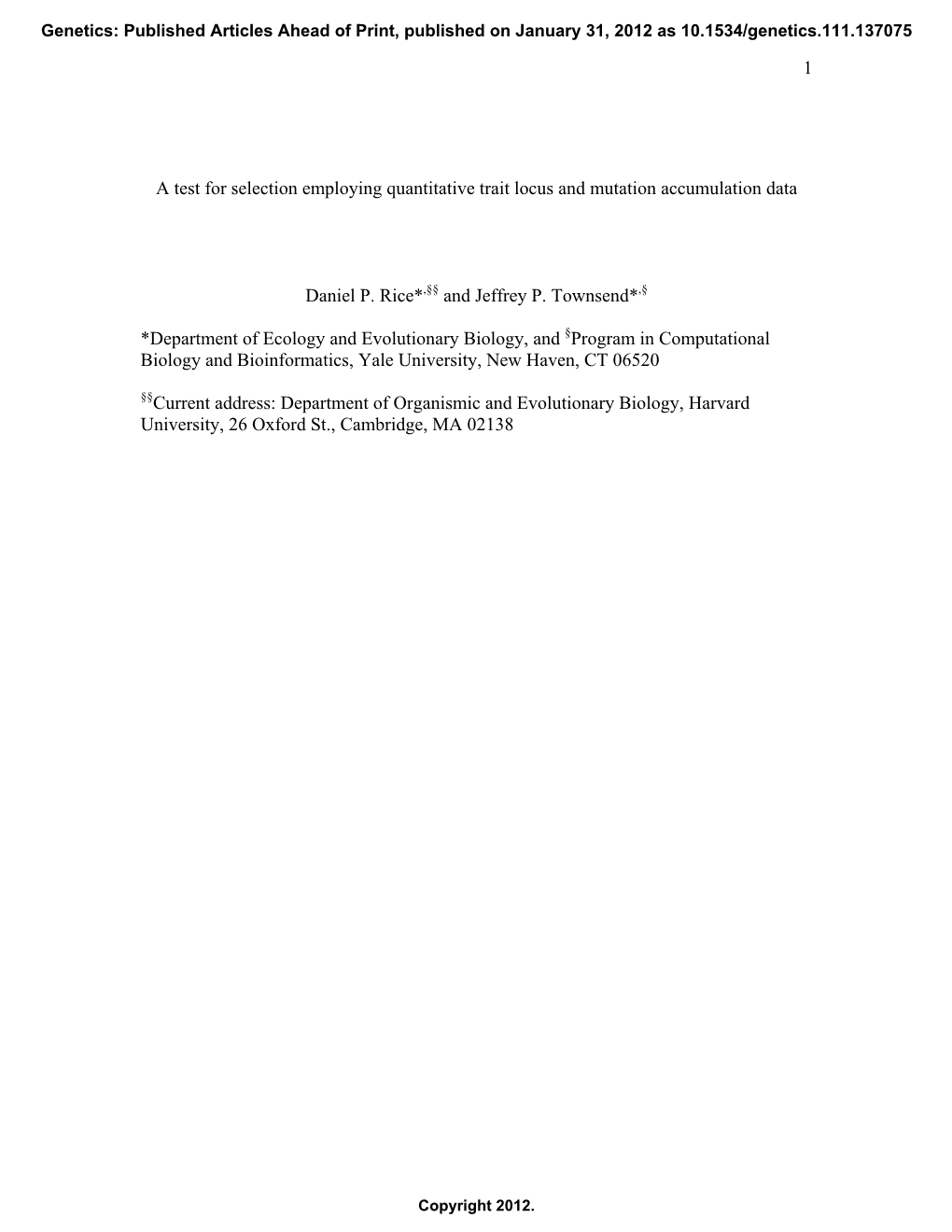 1 a Test for Selection Employing Quantitative Trait Locus and Mutation