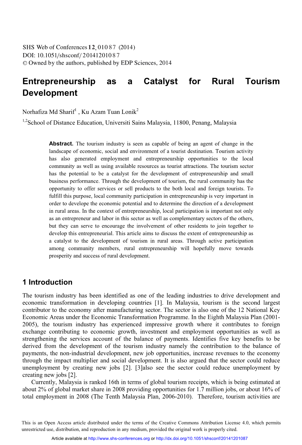 Entrepreneurship As a Catalyst for Rural Tourism Development