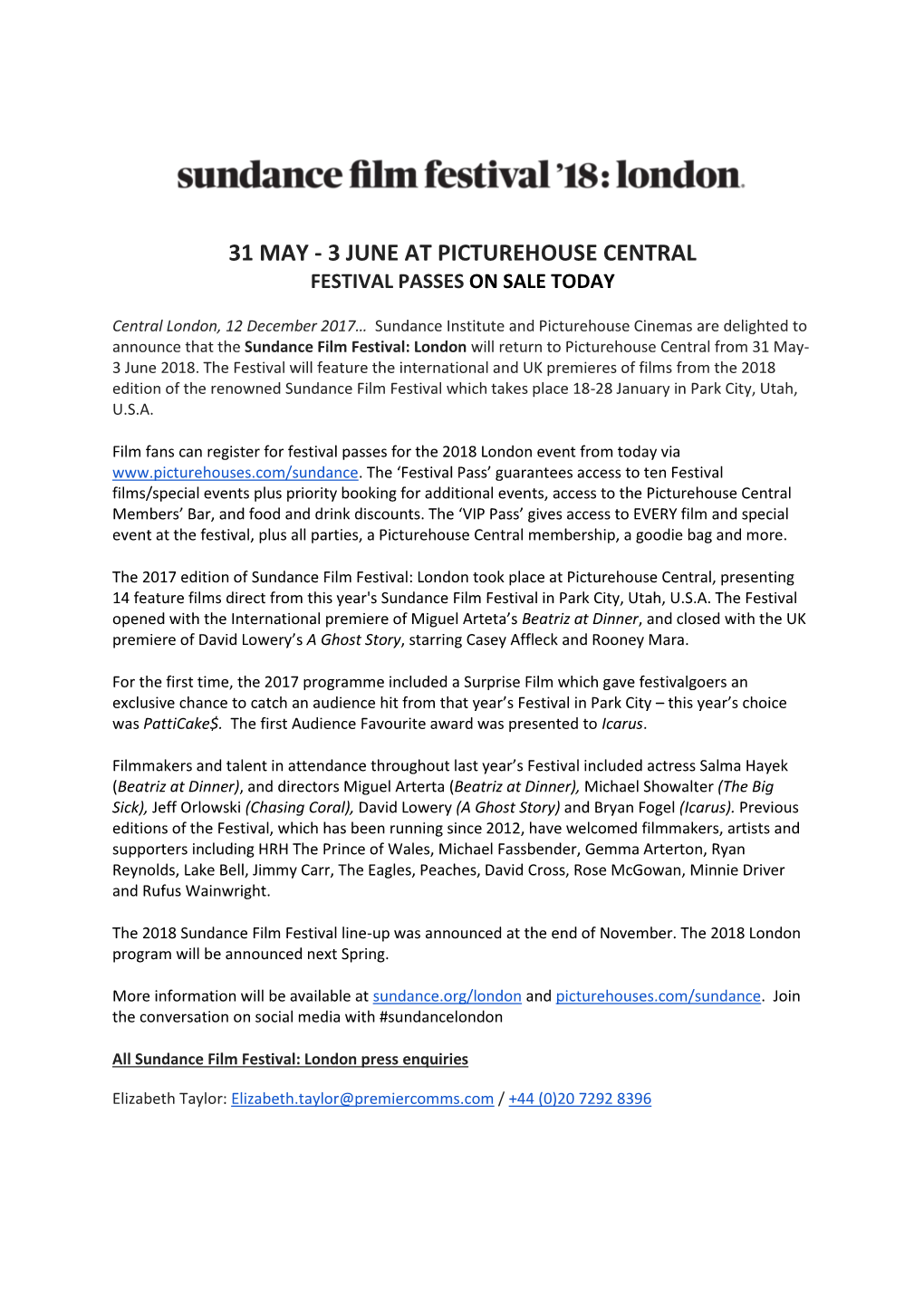 3 June at Picturehouse Central Festival Passes on Sale Today