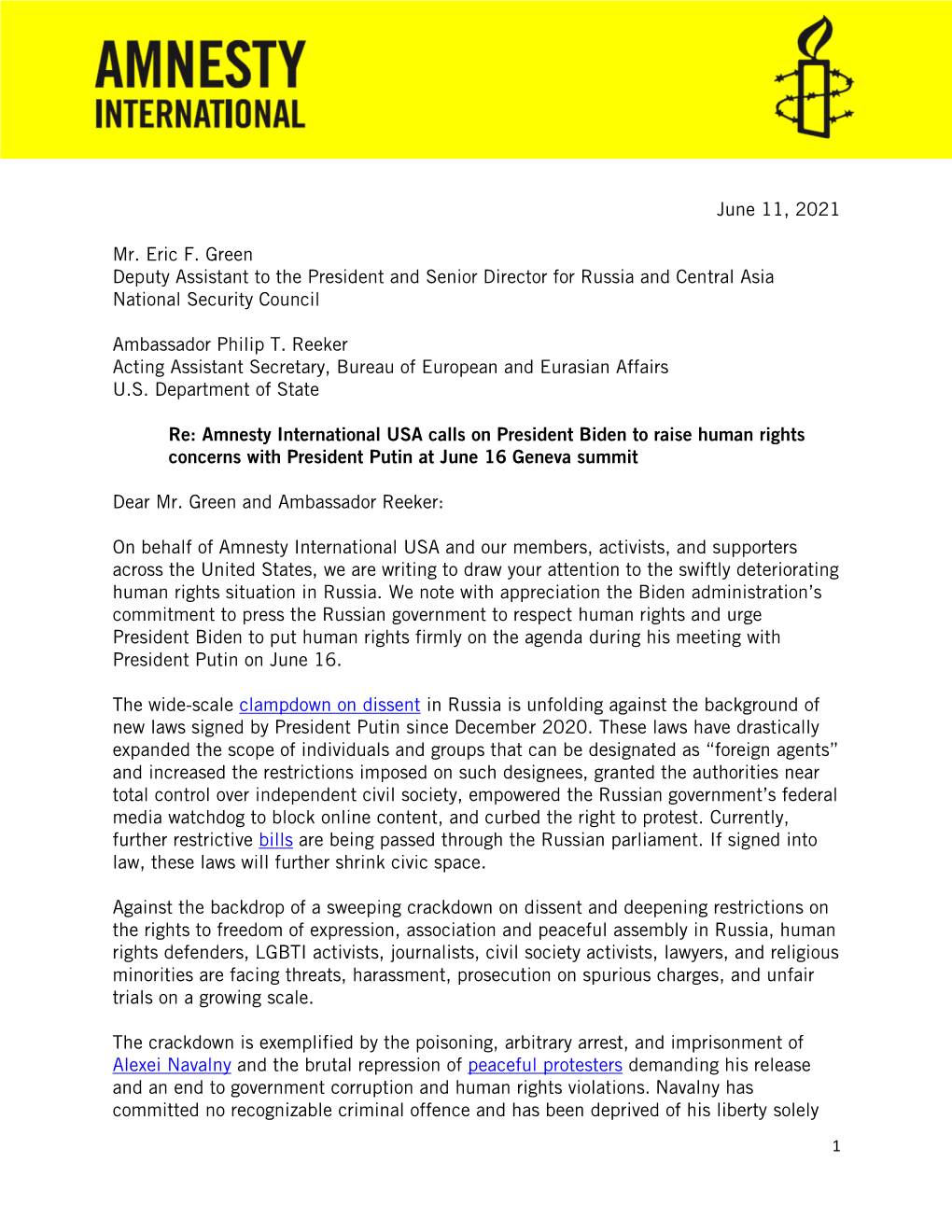 Amnesty International Letter Re Biden-Putin Meeting June 11