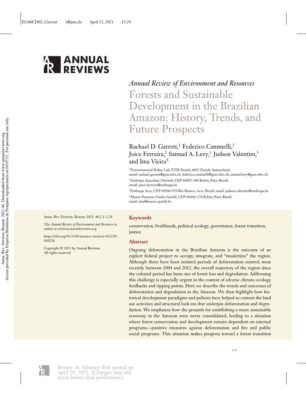 Forests and Sustainable Development in the Brazilian Amazon: History, Trends, and Future Prospects