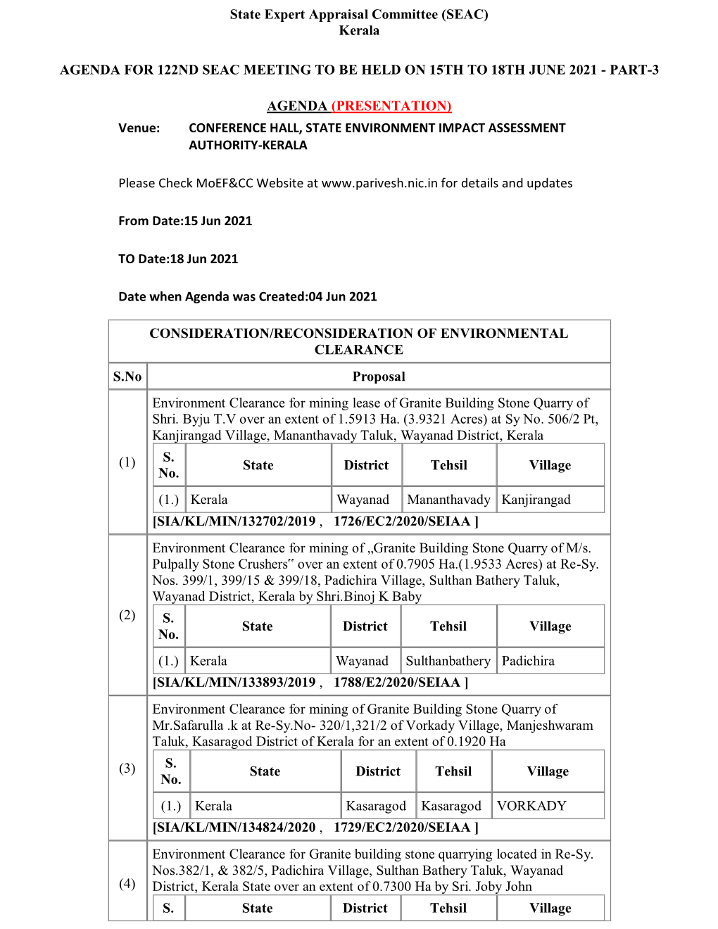 State Expert Appraisal Committee (SEAC) Kerala AGENDA for 122ND SEAC MEETING to BE HELD on 15TH to 18TH JUNE 2021