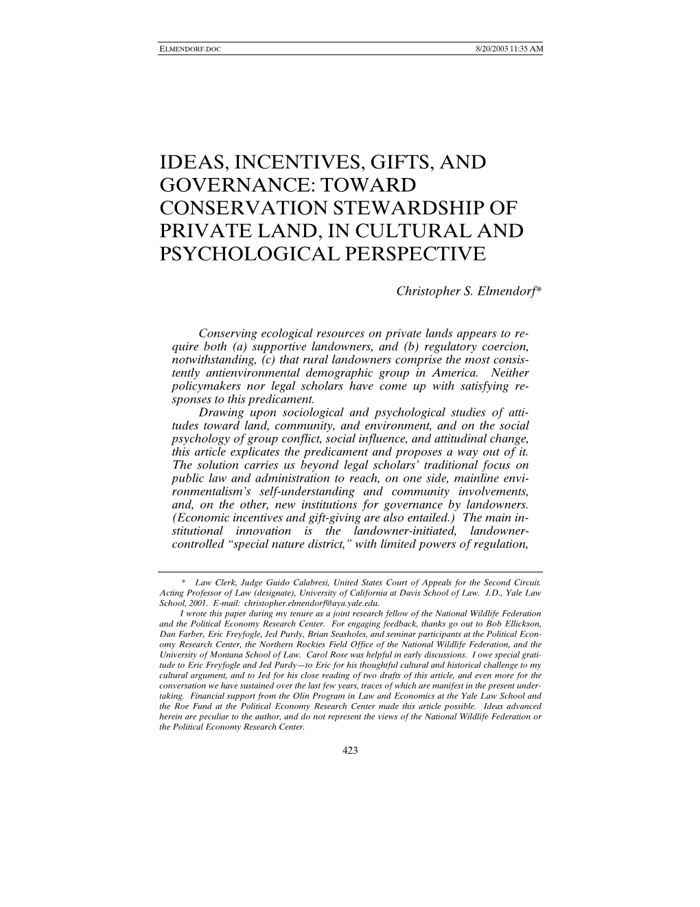 Toward Conservation Stewardship of Private Land, in Cultural and Psychological Perspective