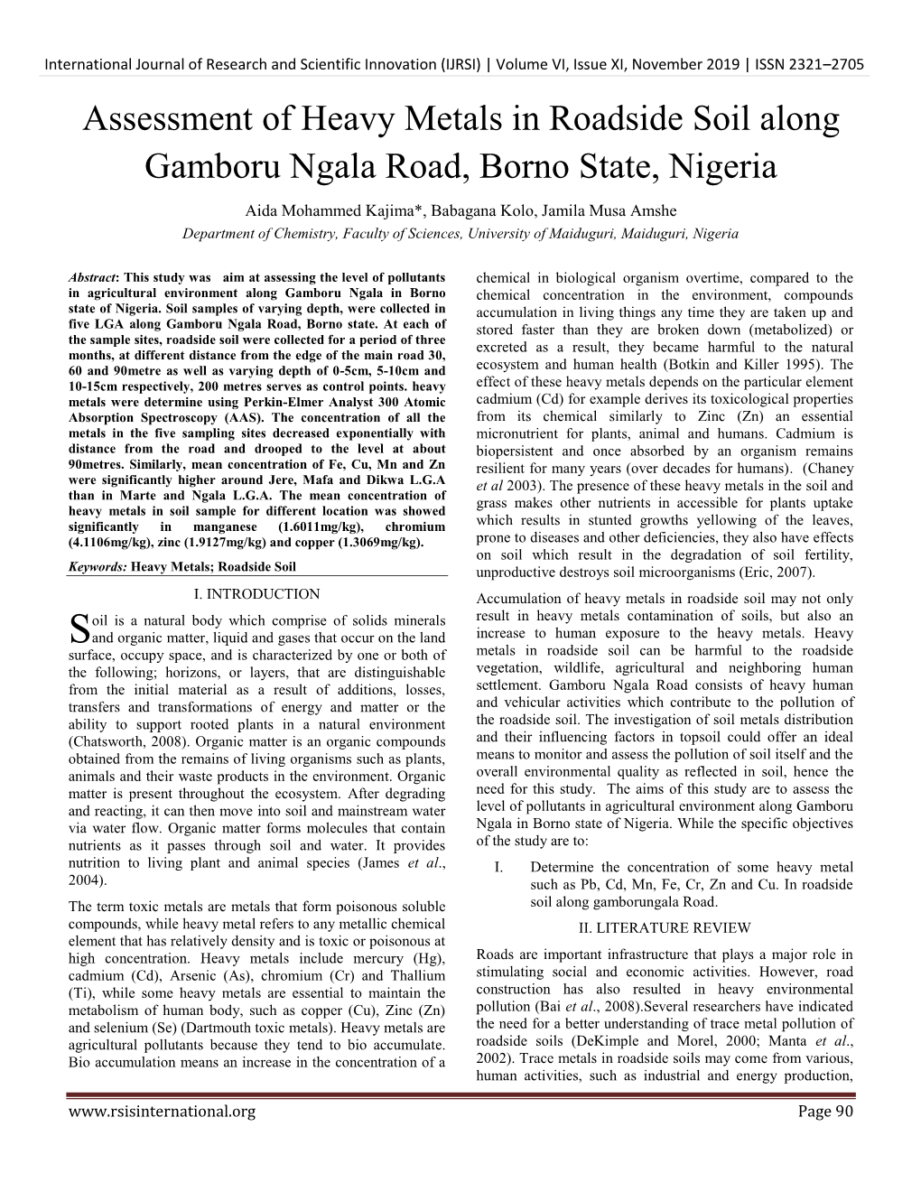 Assessment of Heavy Metals in Roadside Soil Along Gamboru Ngala Road, Borno State, Nigeria