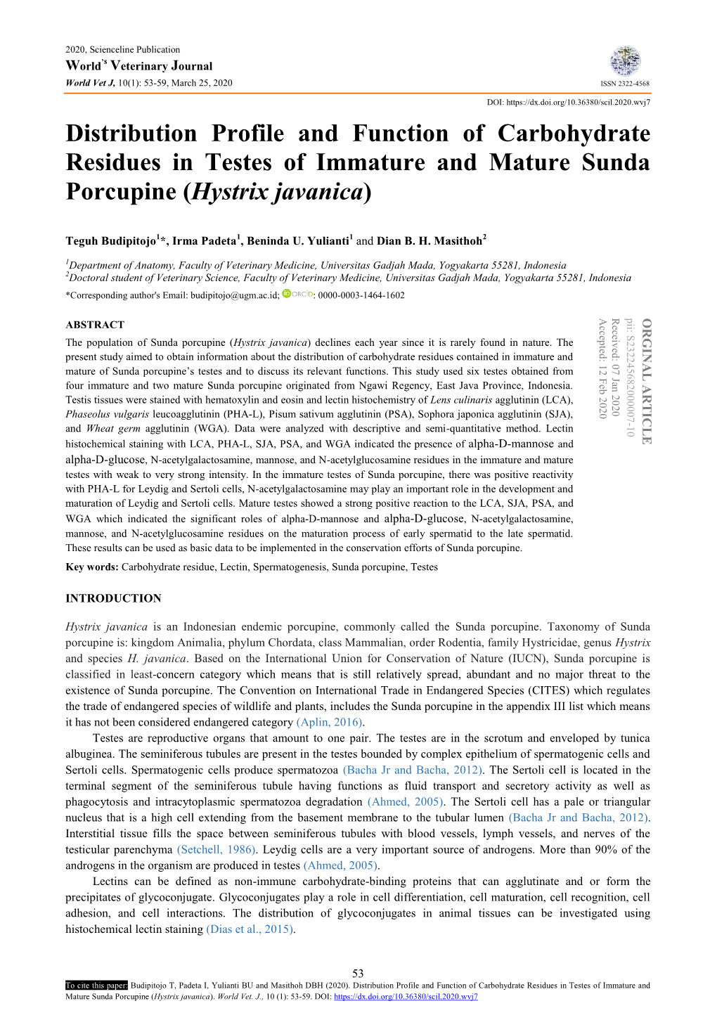 Distribution Profile and Function of Carbohydrate Residues in Testes of Immature and Mature Sunda Porcupine (Hystrix Javanica)