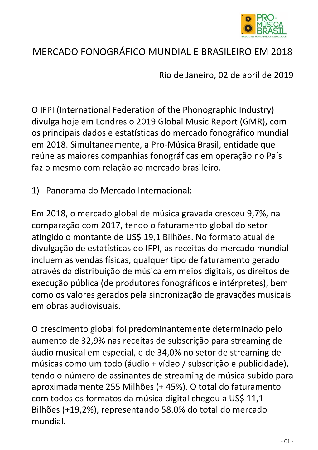Mercado Fonográfico Mundial E Brasileiro Em 2018