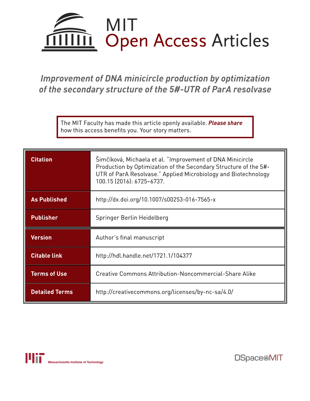 Improvement of DNA Minicircle Production by Optimization of the Secondary Structure of the 5#-UTR of Para Resolvase