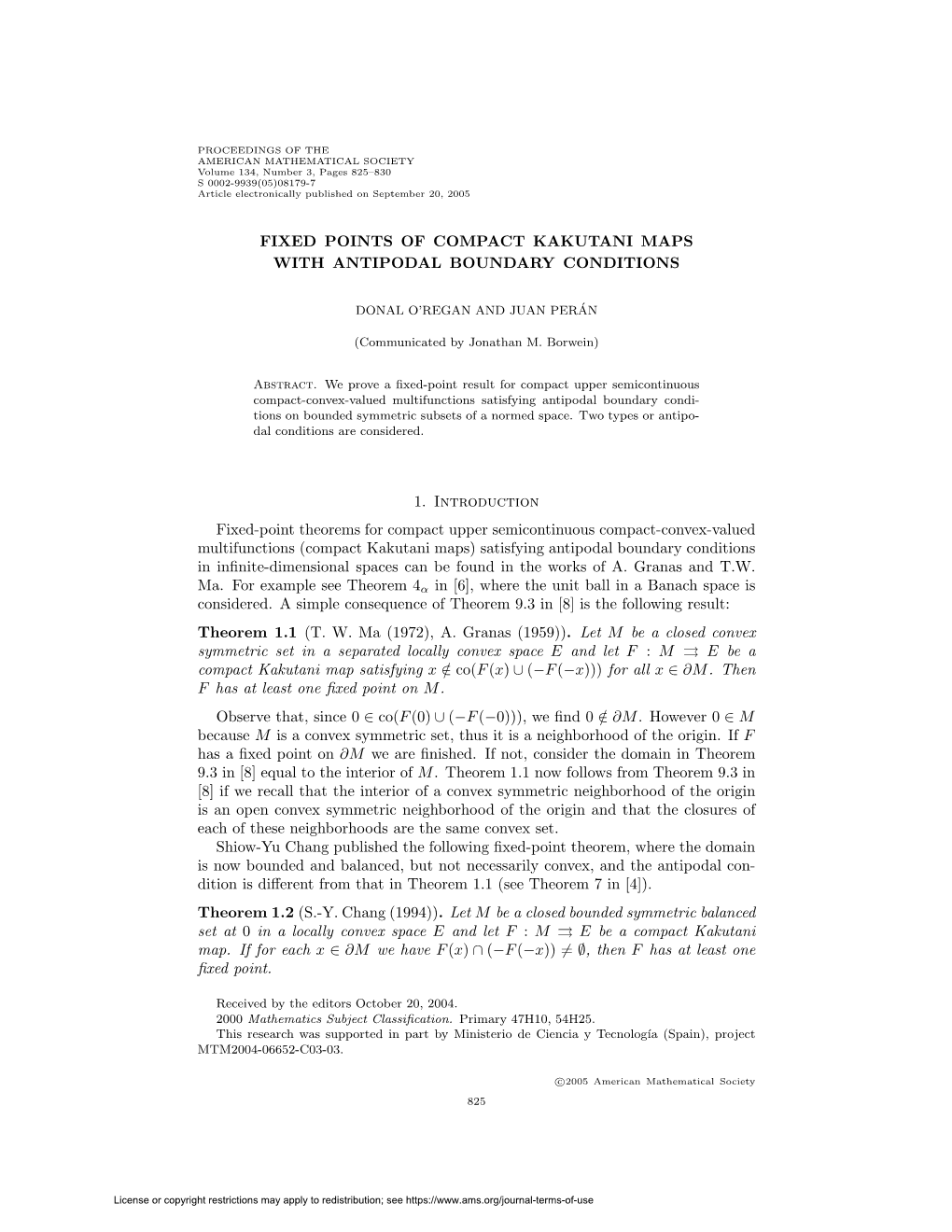 FIXED POINTS of COMPACT KAKUTANI MAPS with ANTIPODAL BOUNDARY CONDITIONS 1. Introduction Fixed-Point Theorems for Compact Upper