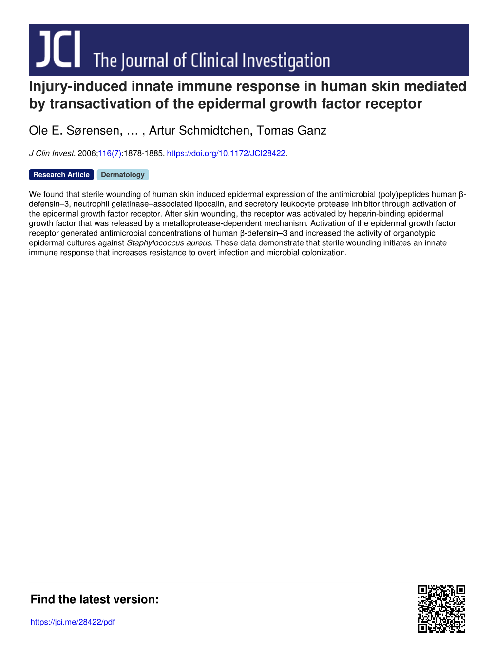 Injury-Induced Innate Immune Response in Human Skin Mediated by Transactivation of the Epidermal Growth Factor Receptor