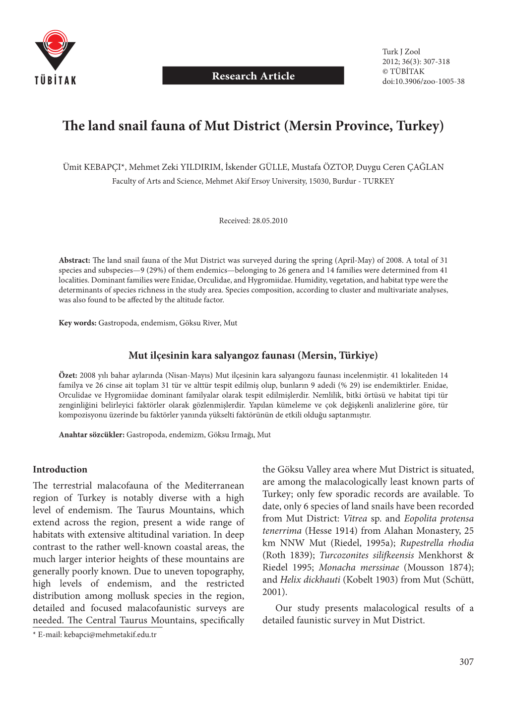 The Land Snail Fauna of Mut District (Mersin Province, Turkey)