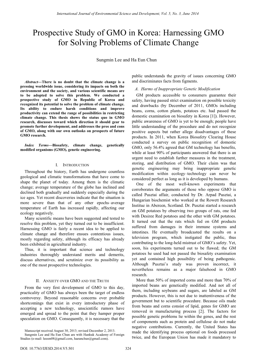 Prospective Study of GMO in Korea: Harnessing GMO for Solving Problems of Climate Change