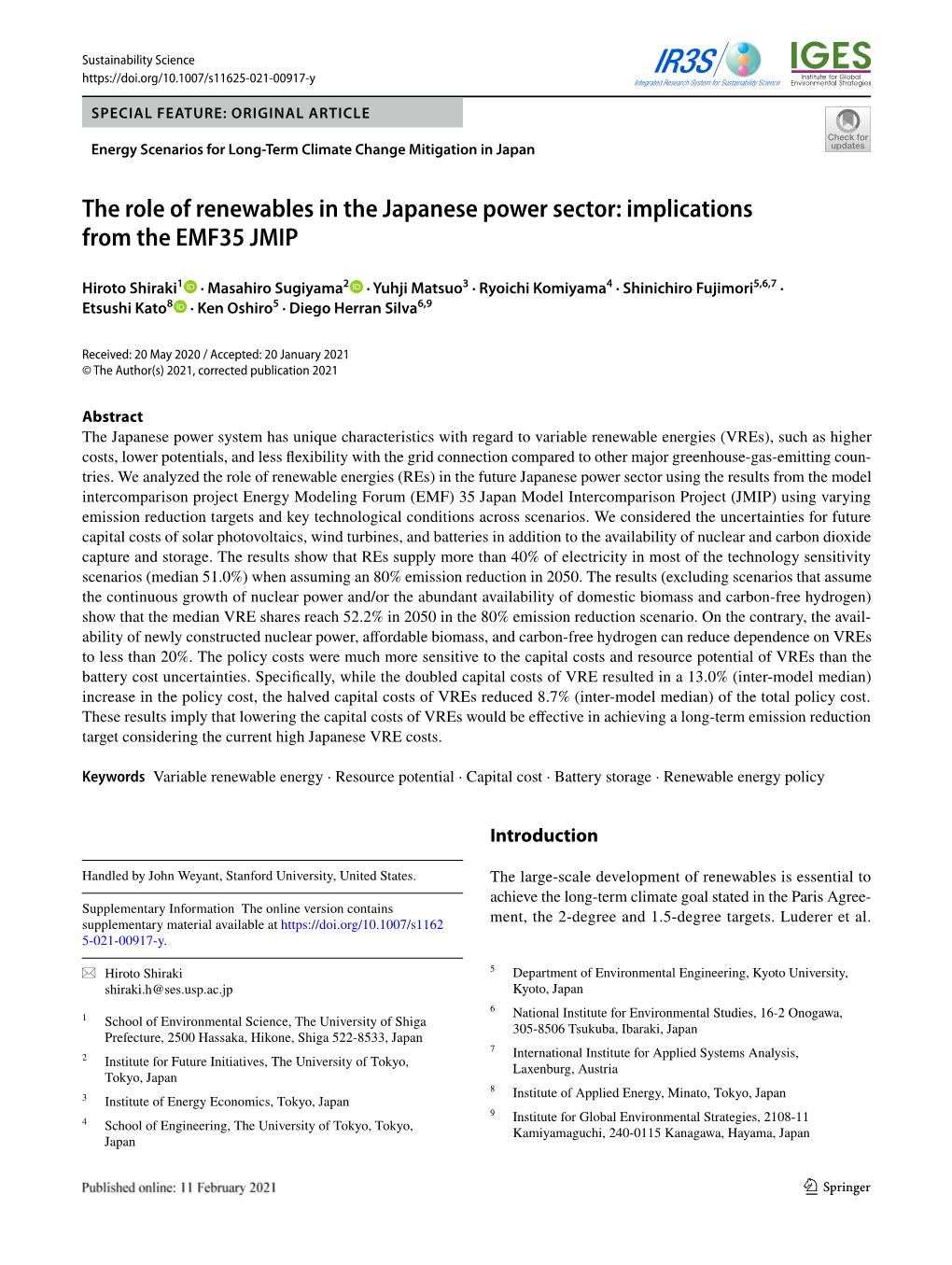 The Role of Renewables in the Japanese Power Sector: Implications from the EMF35 JMIP