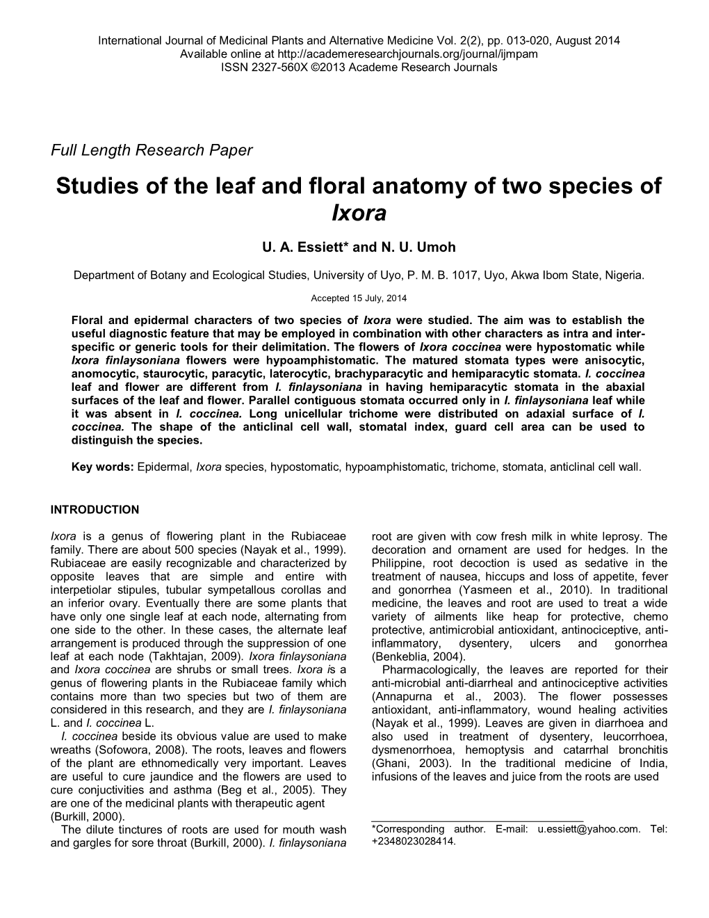 Studies of the Leaf and Floral Anatomy of Two Species of Ixora