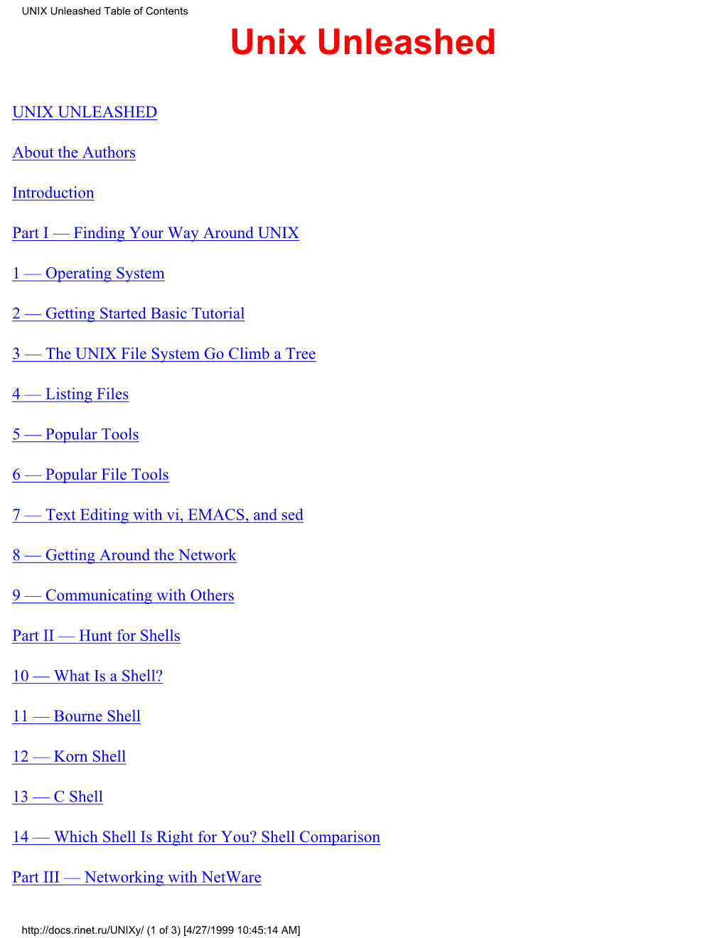 UNIX Unleashed Table of Contents Unix Unleashed