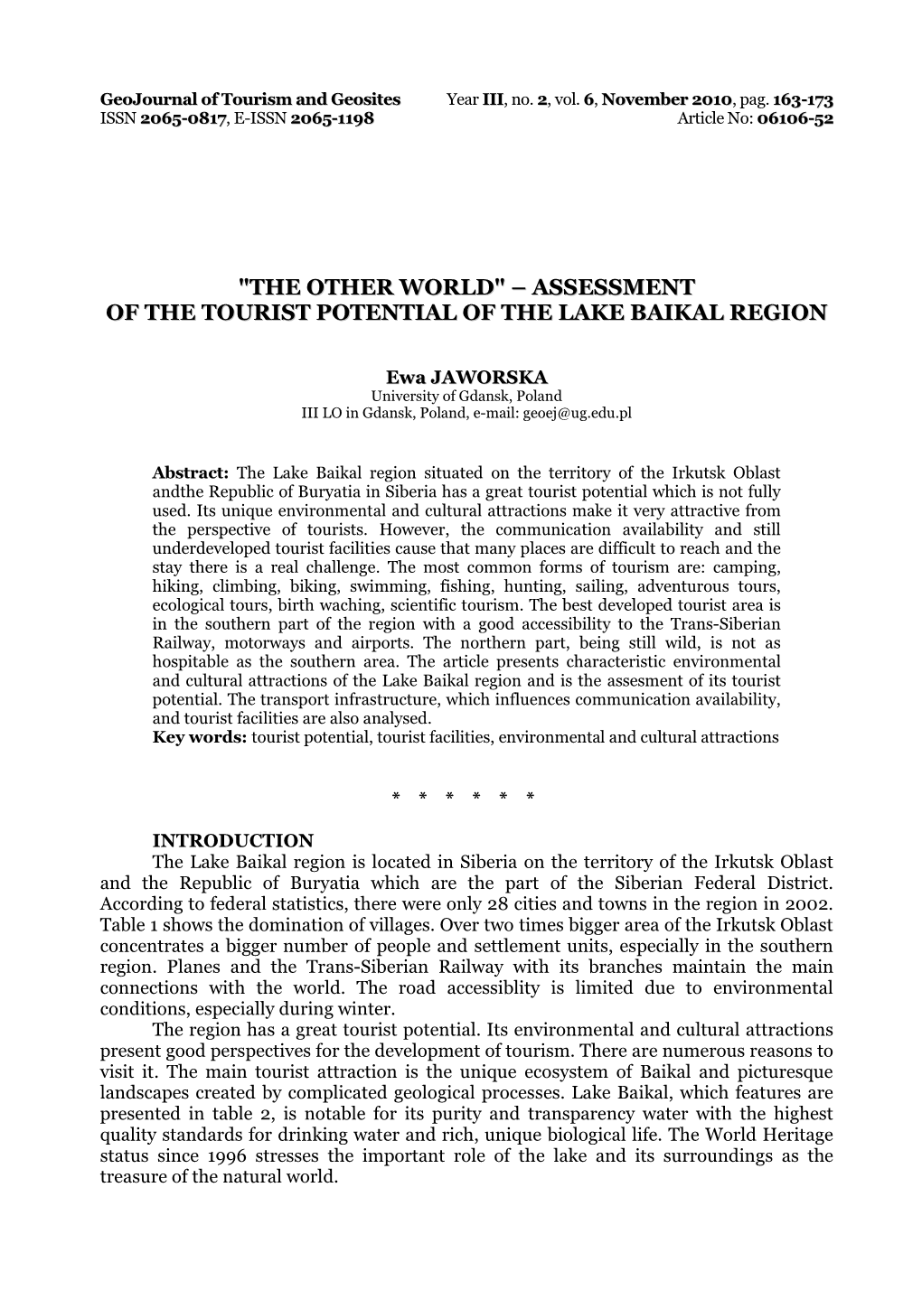 Assessment of the Tourist Potential of the Lake Baikal Region