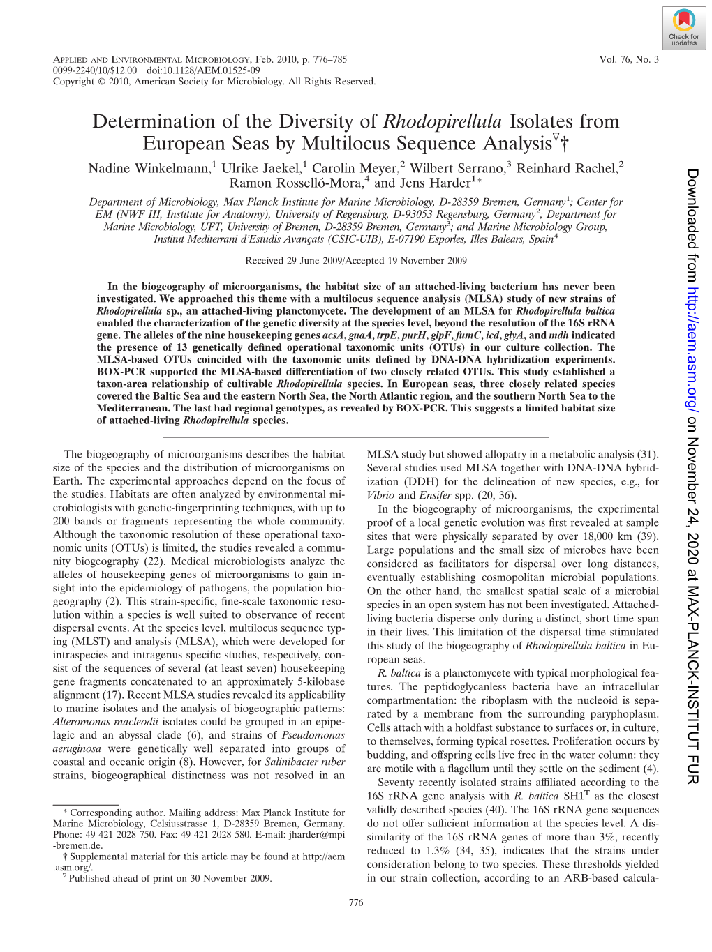 Determination of the Diversity of Rhodopirellula Isolates from European Seas by Multilocus Sequence Analysisᰔ†