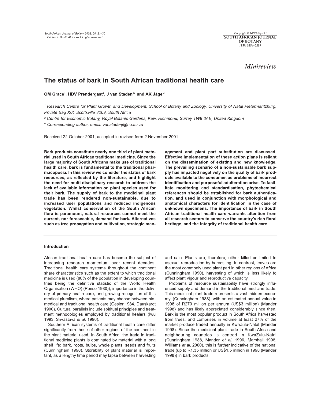 The Status of Bark in South African Traditional Health Care