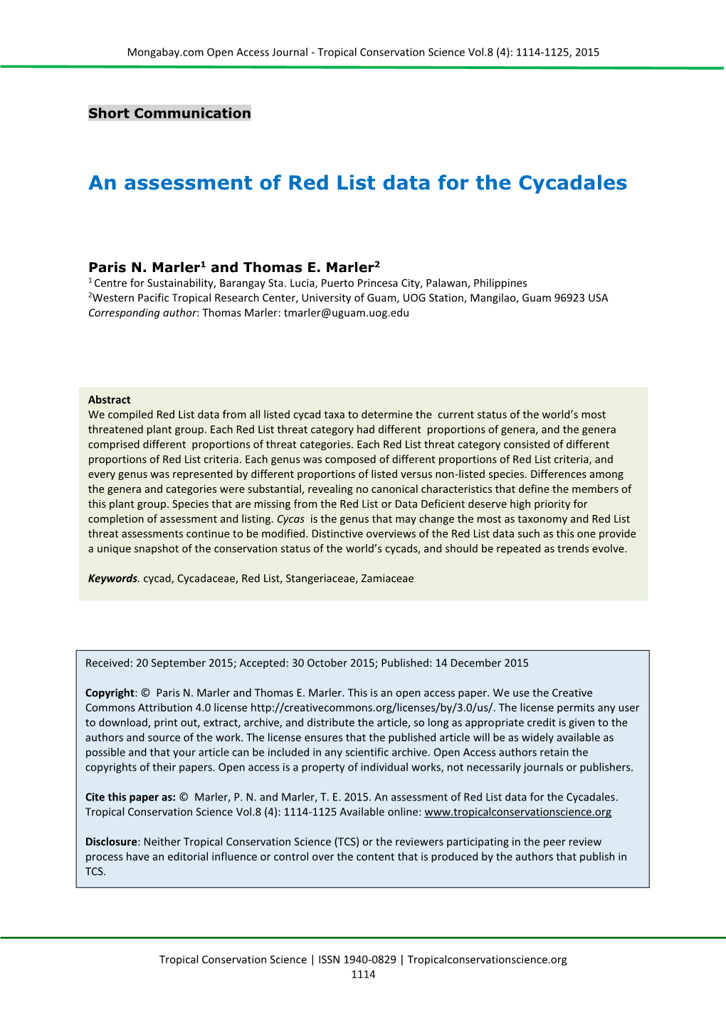 An Assessment of Red List Data for the Cycadales