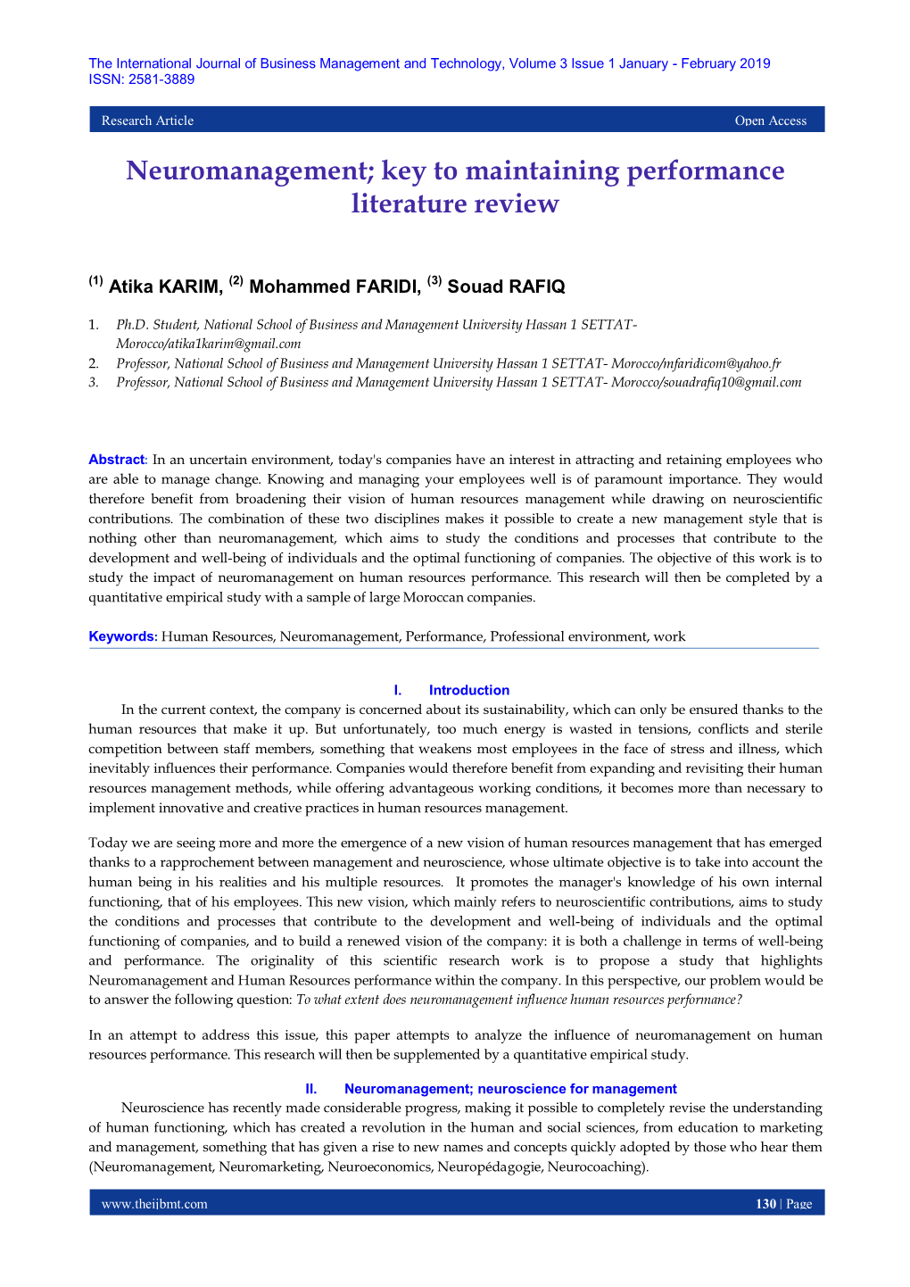 Neuromanagement; Key to Maintaining Performance Literature Review