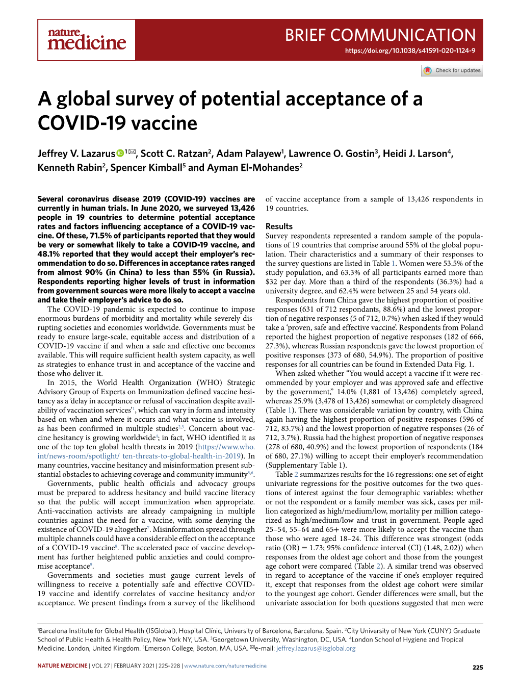 A Global Survey of Potential Acceptance of a COVID-19 Vaccine