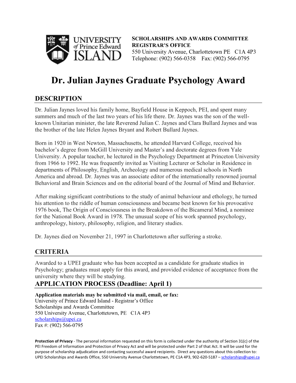 Dr. Julian Jaynes Graduate Psychology Award