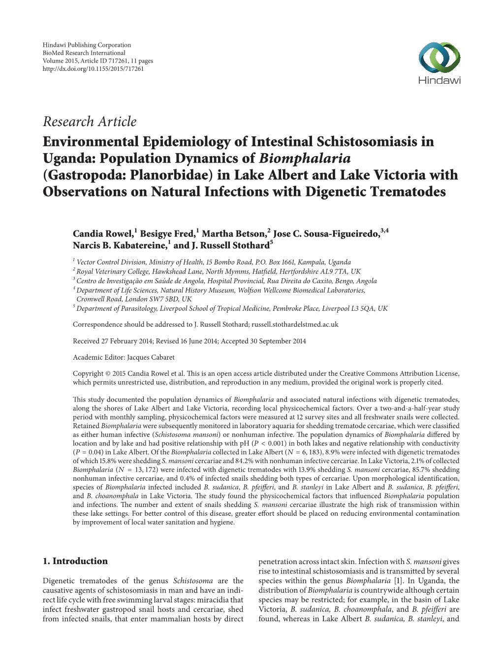 Environmental Epidemiology of Intestinal Schistosomiasis in Uganda: Population Dynamics of Biomphalaria (Gastropoda: Planorbidae) in Lake Albert and Lake Victoria with Observations