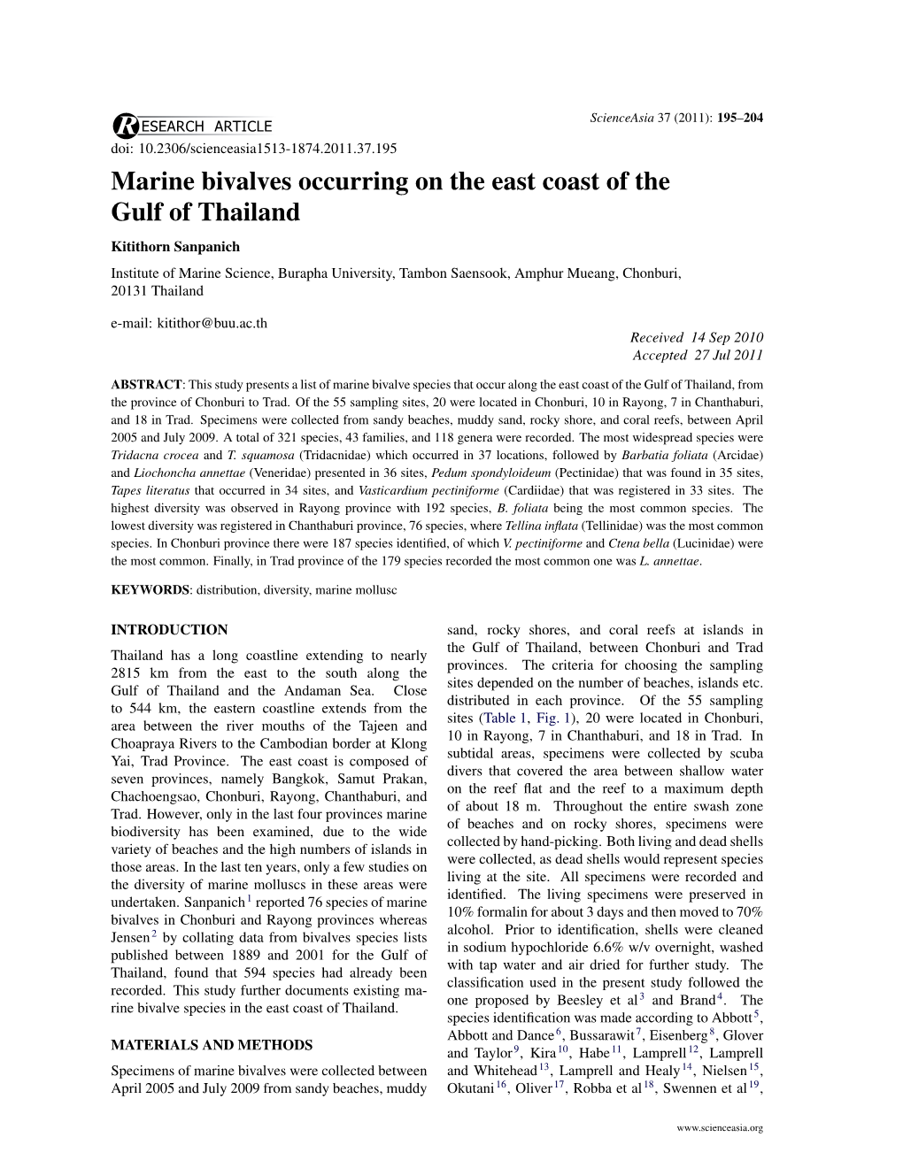 Marine Bivalves Occurring on the East Coast of the Gulf of Thailand