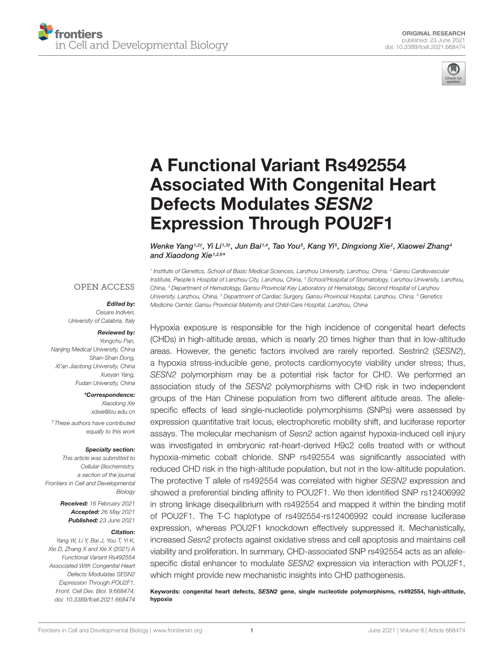 A Functional Variant Rs492554 Associated with Congenital Heart Defects Modulates SESN2 Expression Through POU2F1