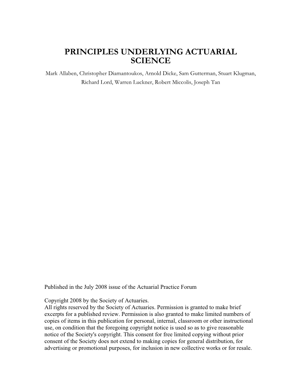 Principles Underlying Actuarial Science