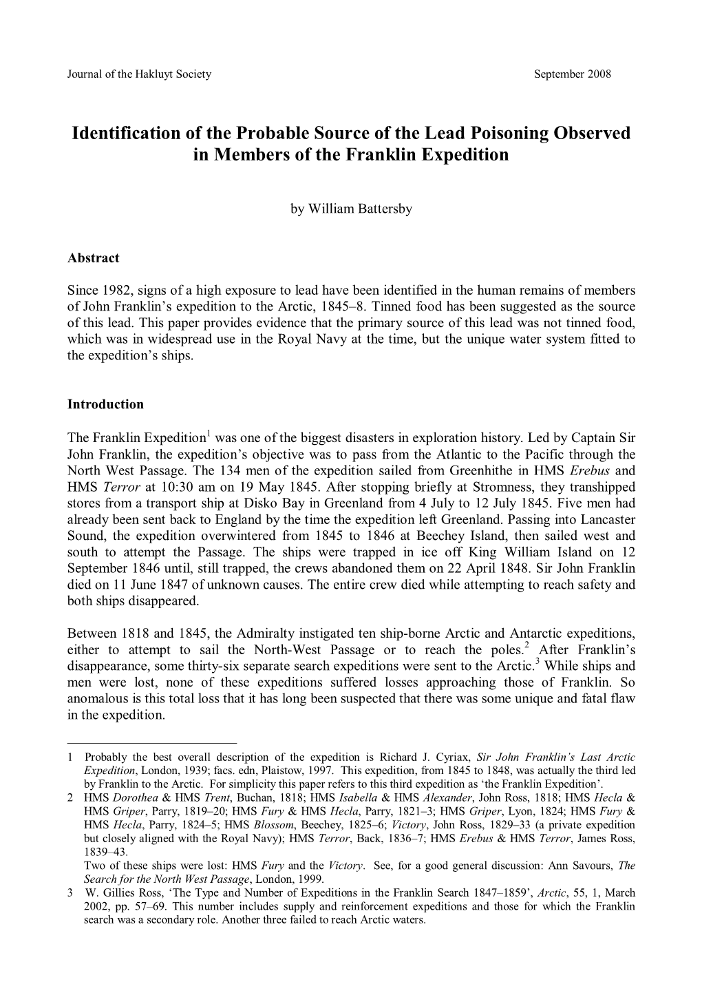 Identification of the Probable Source of the Lead Poisoning Observed in Members of the Franklin Expedition