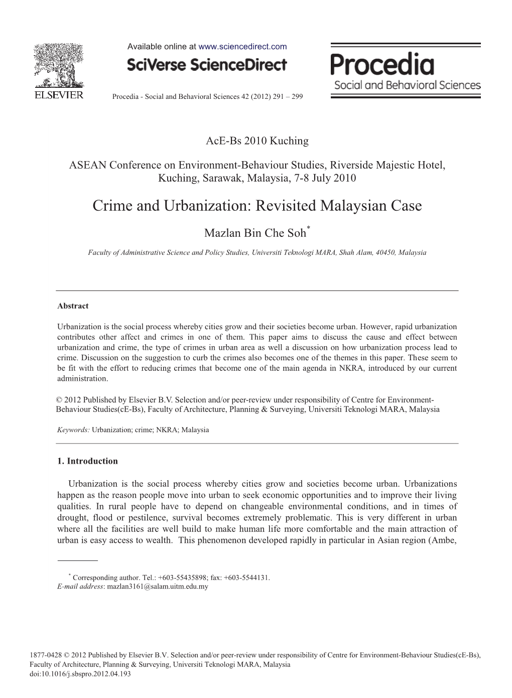 Crime and Urbanization: Revisited Malaysian Case
