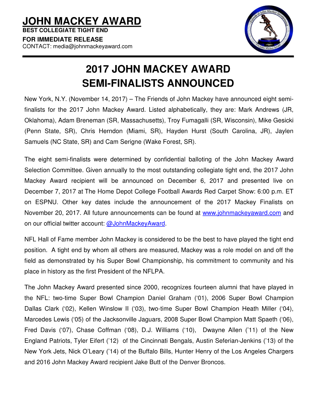 2017 John Mackey Award Semi-Finalists Announced