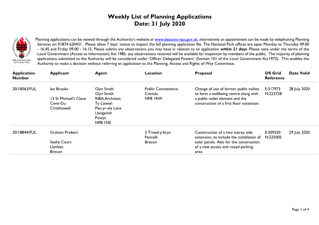 Weekly List of Planning Applications Date: 31 July 2020