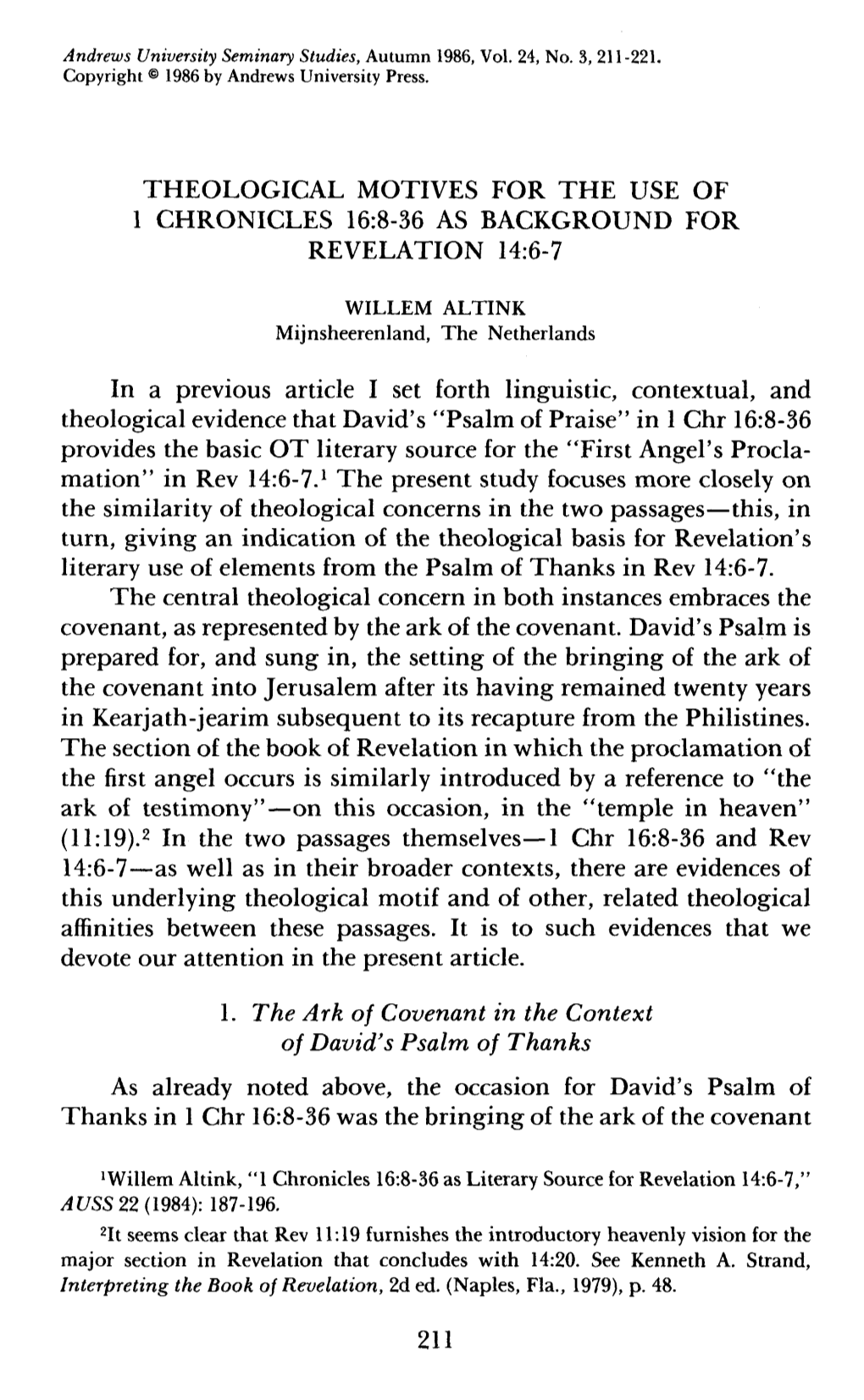 Theological Motives for the Use of 1 Chronicles 16:8-36 As Background for Revelation 14:6-7