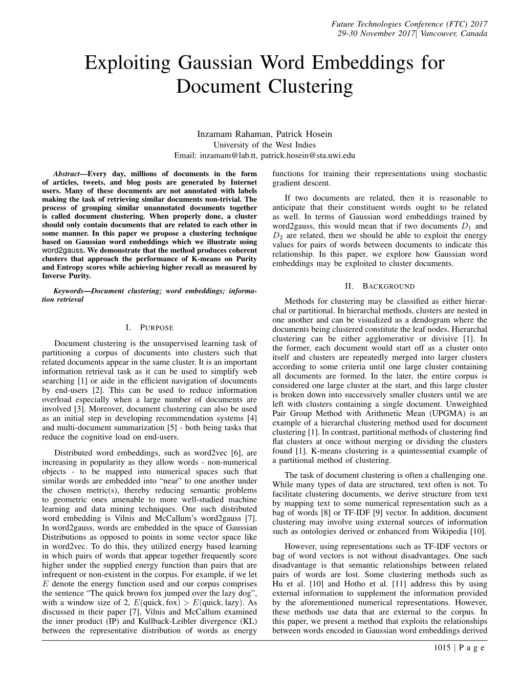 Exploiting Gaussian Word Embeddings for Document Clustering