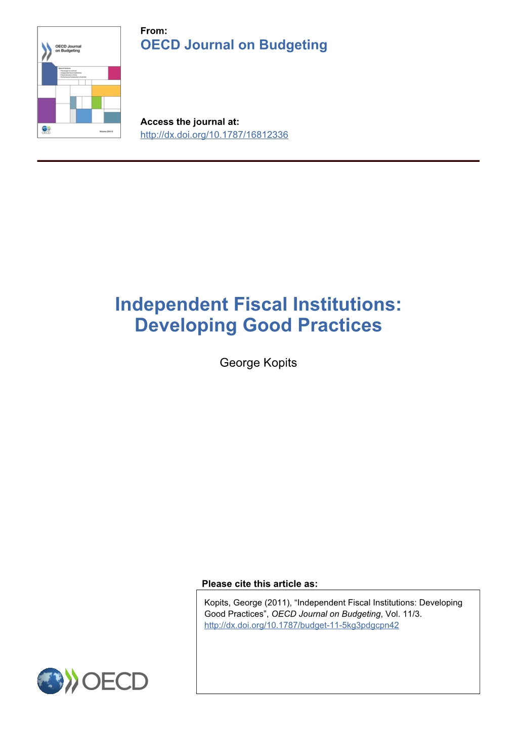 Independent Fiscal Institutions: Developing Good Practices