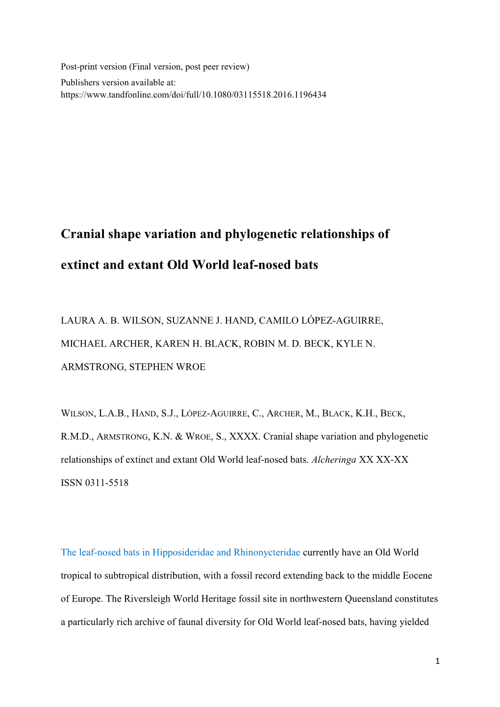 Cranial Shape Variation and Phylogenetic Relationships of Extinct and Extant Old World Leaf-Nosed Bats